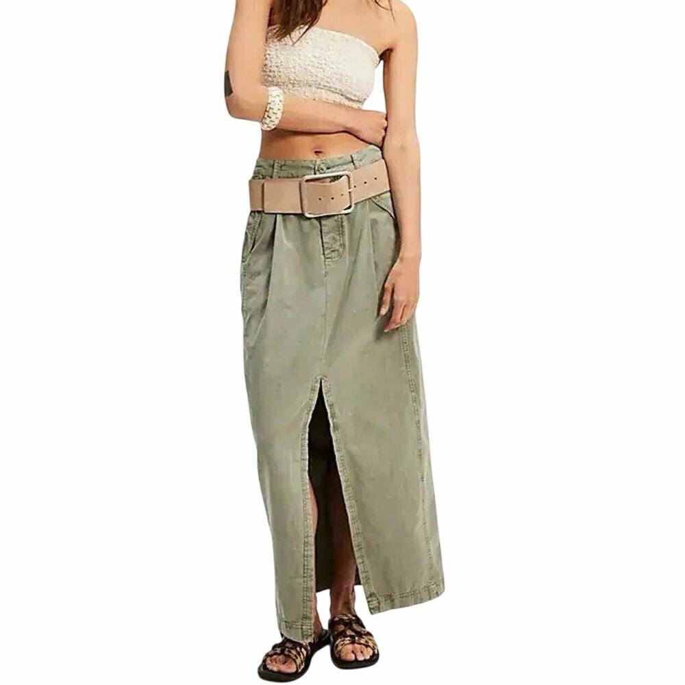 Free People Tybee Cargo Utility Maxi Skirt Olive Green 6 NWOT